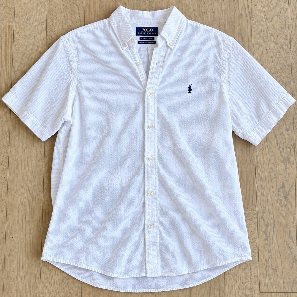 Polo Ralph Lauren Sport Shirt Mens M White Seersucker Untucked Fit Short Sleeve